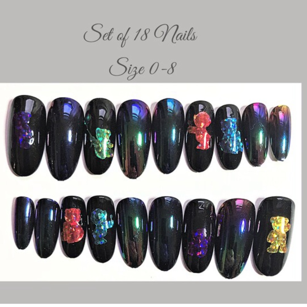 Rainbow Bears and Holo Aurora- Press on nail set- Size 0-8, Long Round